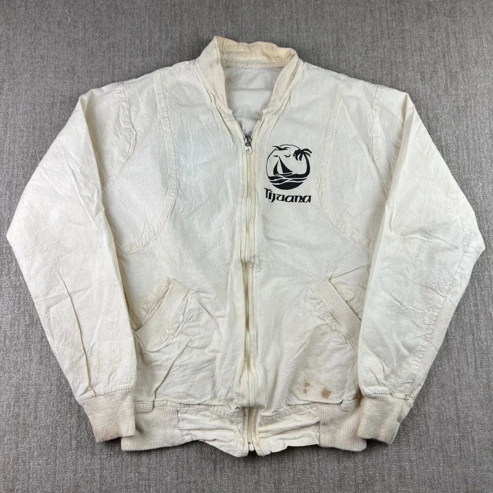 Vintage Corona Beach Club Jacket Mens Medium White Tijuana Beer Frogs Distressed